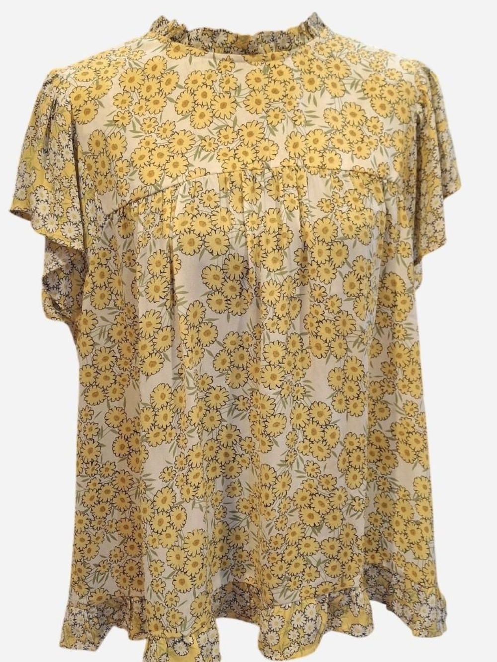 DR2 Cream Blouse with Yellow Daisy Print and Ruffle Details